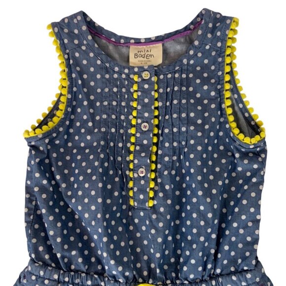 Mini Boden Polka Dot Girls Romper 4-5Y Blue Yellow Pom Pom Trim Spring Summer - Picture 3 of 7